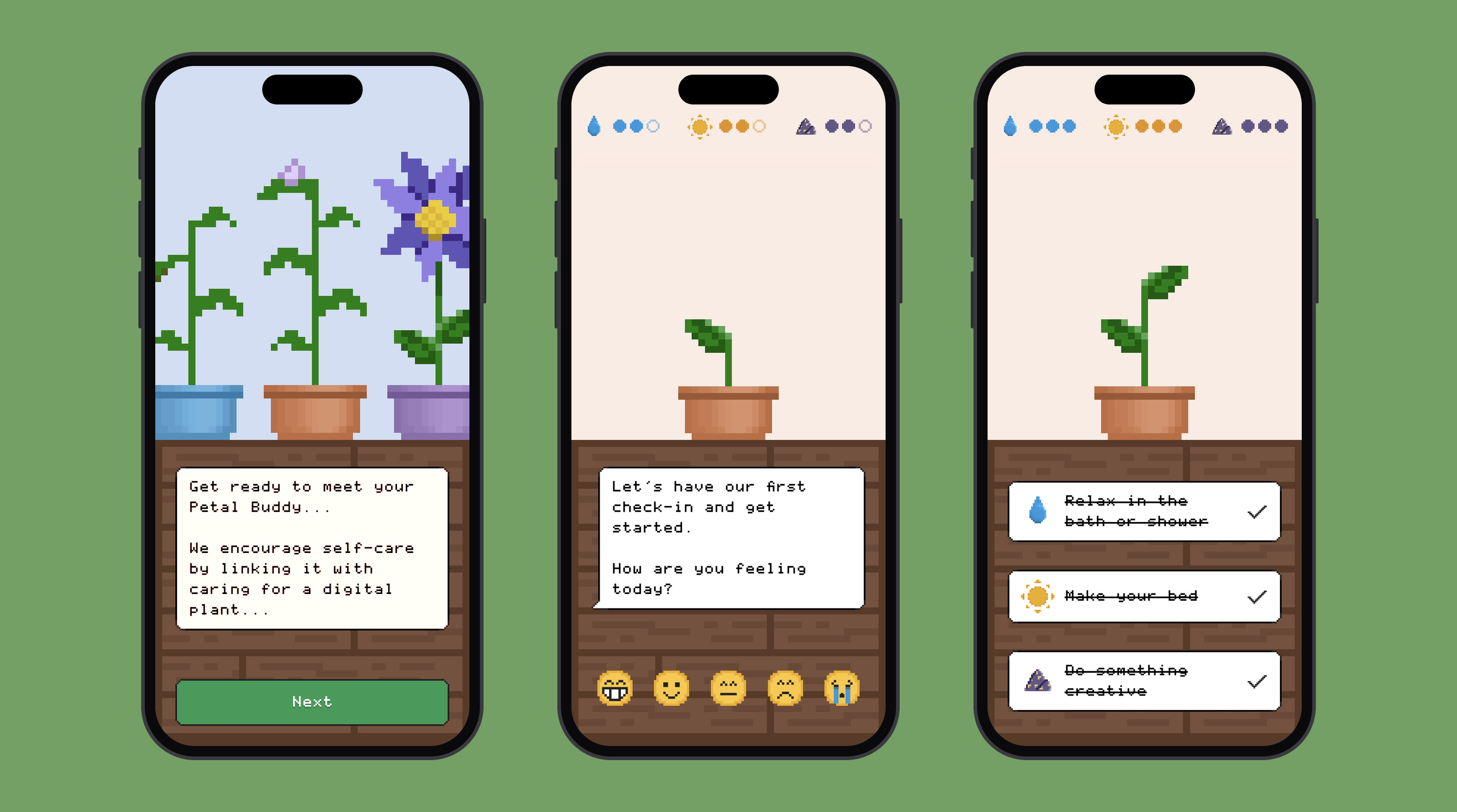 Petal Buddy: onboarding with three pixel-art plants, a first mood check-in, and completed self-care tasks growing a new leaf